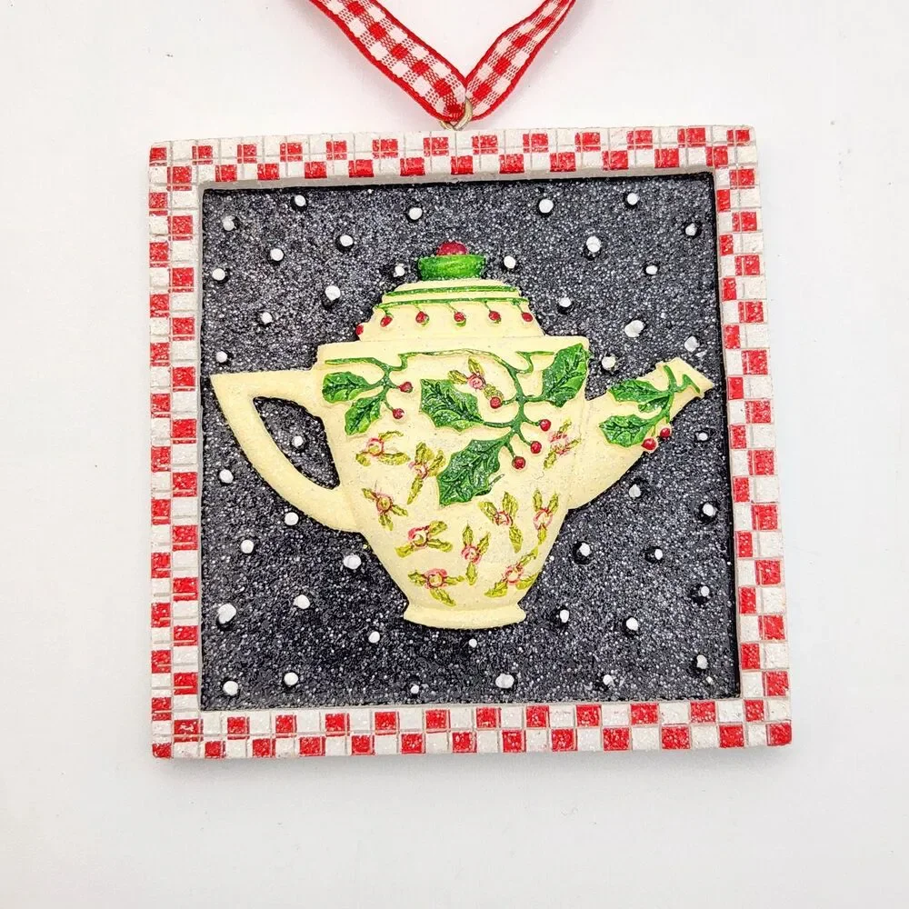 Mary Engelbreit Christmas Ornaments Glitter Red Check Frame Teapot Holly Friend